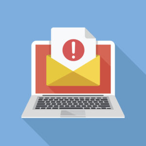 Laptop with envelope and document with exclamation mark on screen. Receive notification, alert message, warning, get e-mail, email, spam concepts. Flat design vector illustration junk mail msp SafePoint IT