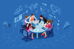 Isometric people team contemporary management concept. Can use for web banner, infographics, hero images. Flat isometric vector illustration isolated on blue background. small team SafePoint IT msp