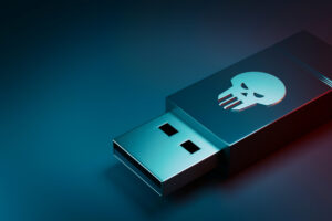 USB memory stick with skull icon - 3d render